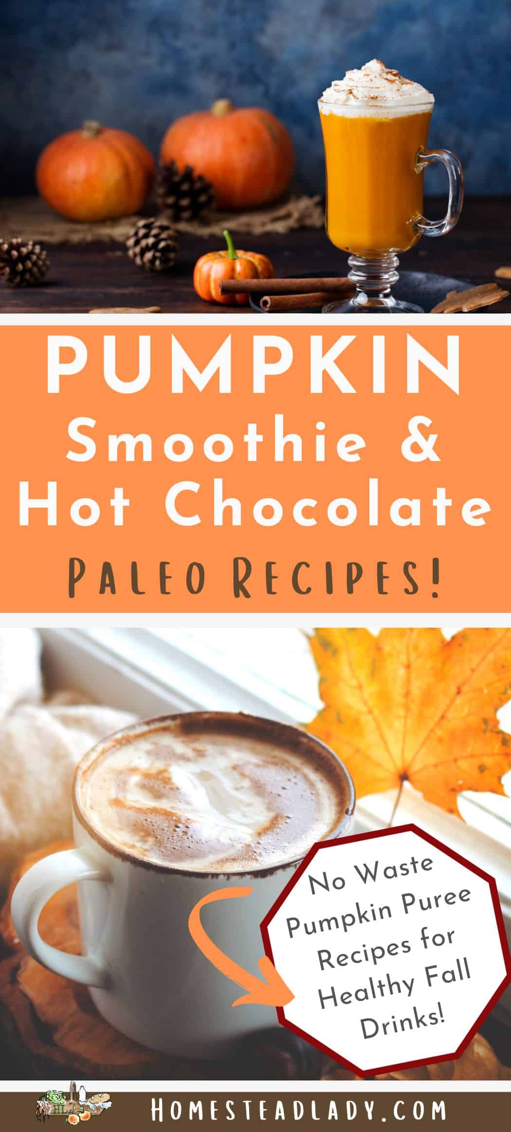 pumpkin smoothie and hot chocolate in mugs on tables
