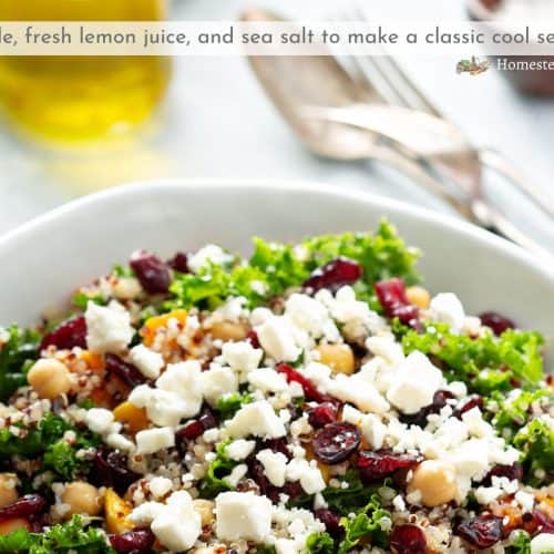 raw kale salad with feta in a bowl