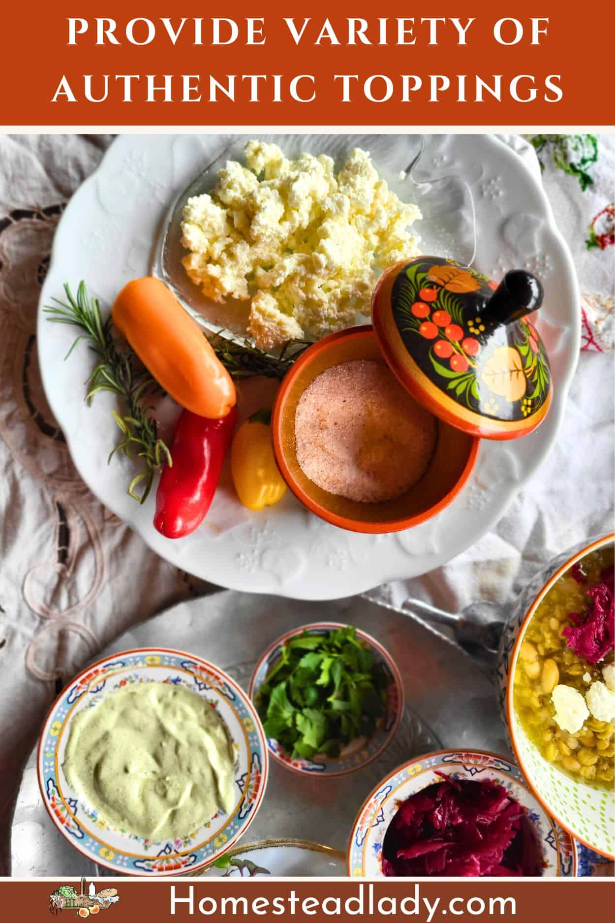 various toppings for Biblical pulse on a table; feta, sprouts, kraut