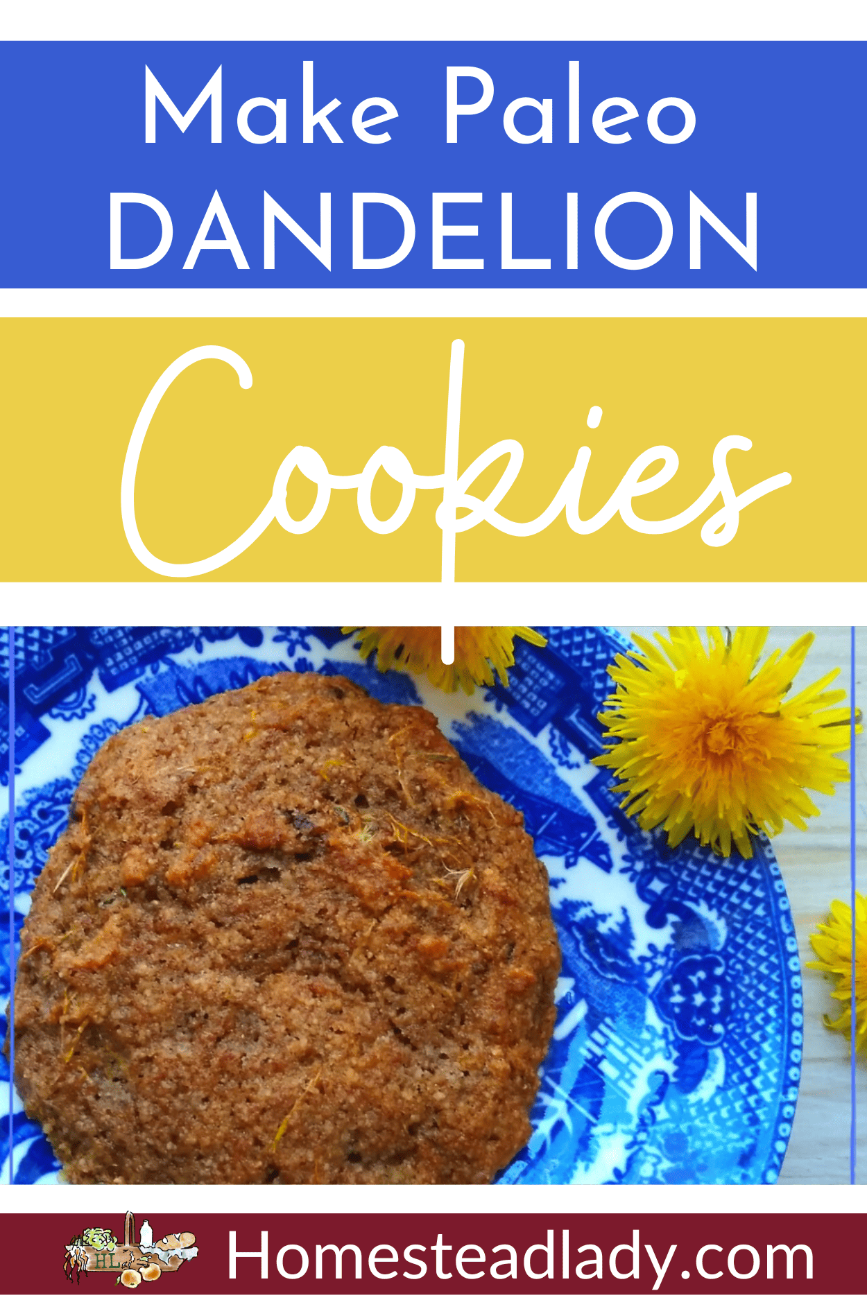 dandelion cookie on a plate with dandelions