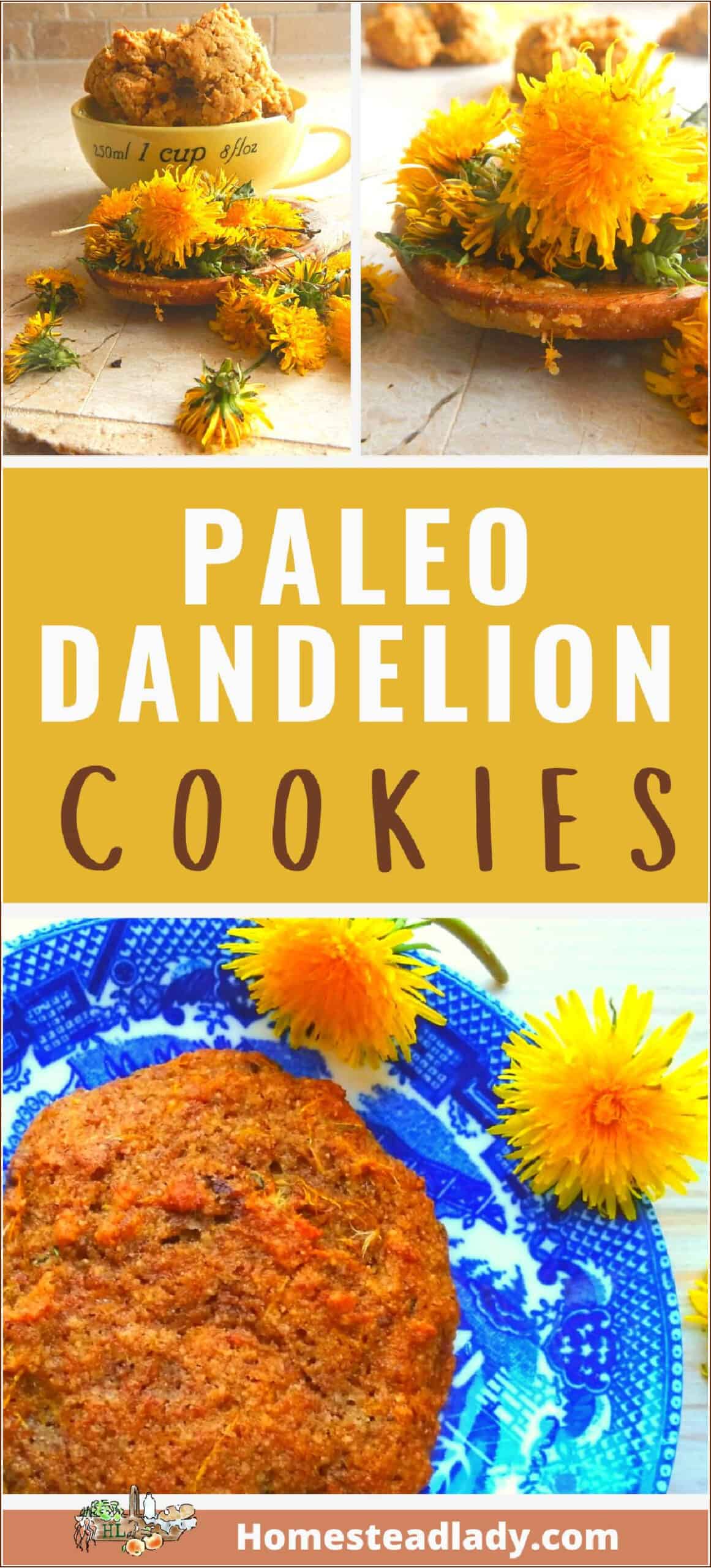 dandelion cookie on a plate with dandelions