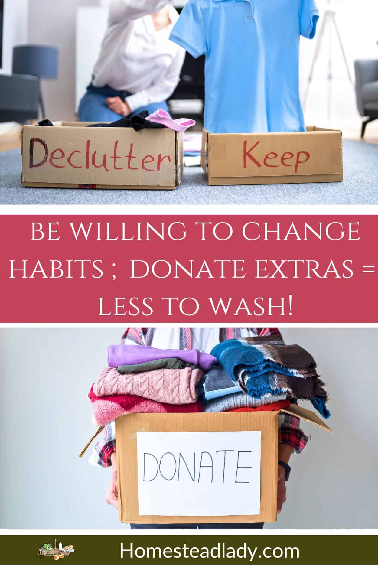 sorting clothes to donate into piles and boxes