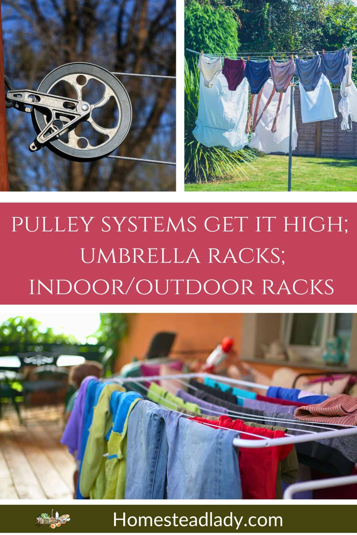 line drying system photo collage; pulley, umbrella dryer, clothes rack