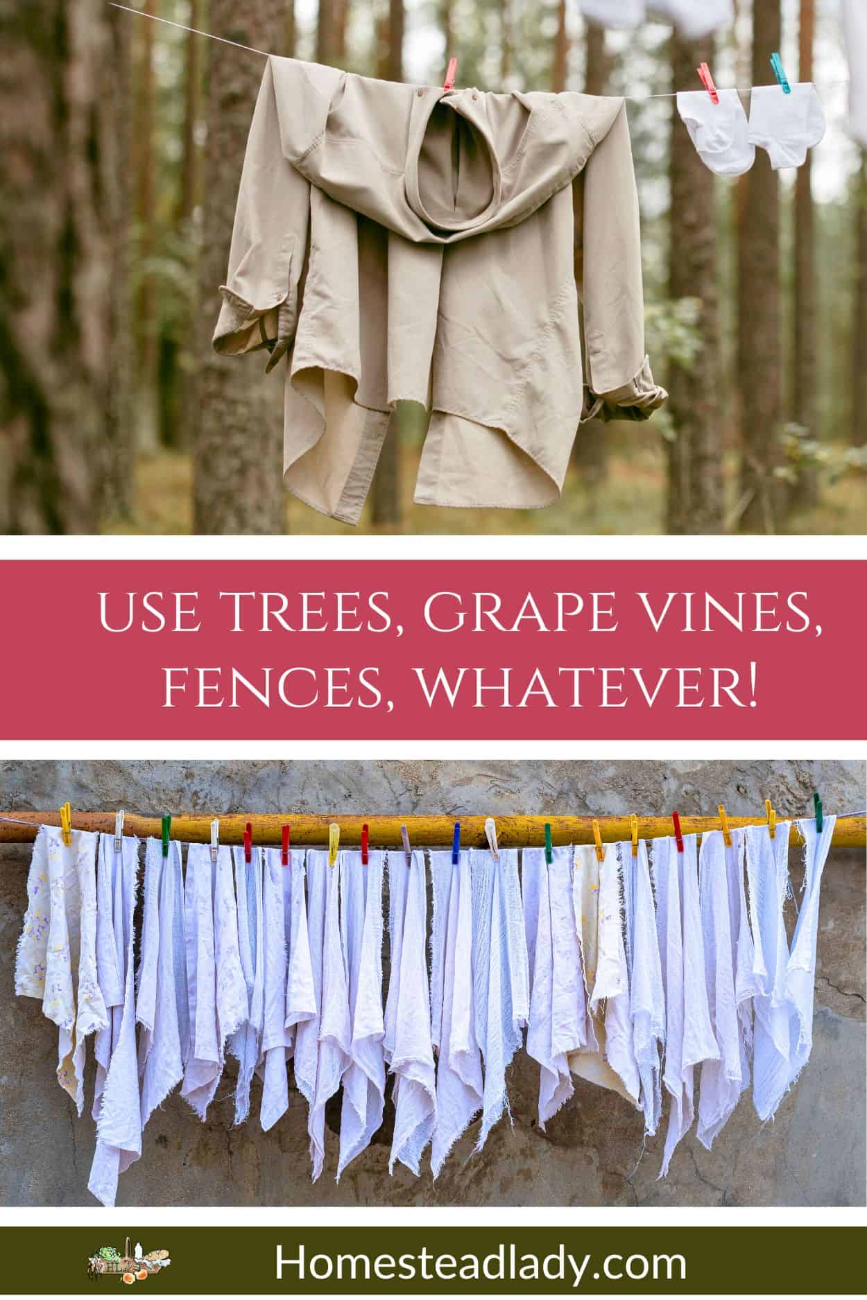 clothes hanging to dry in trees and on a stick