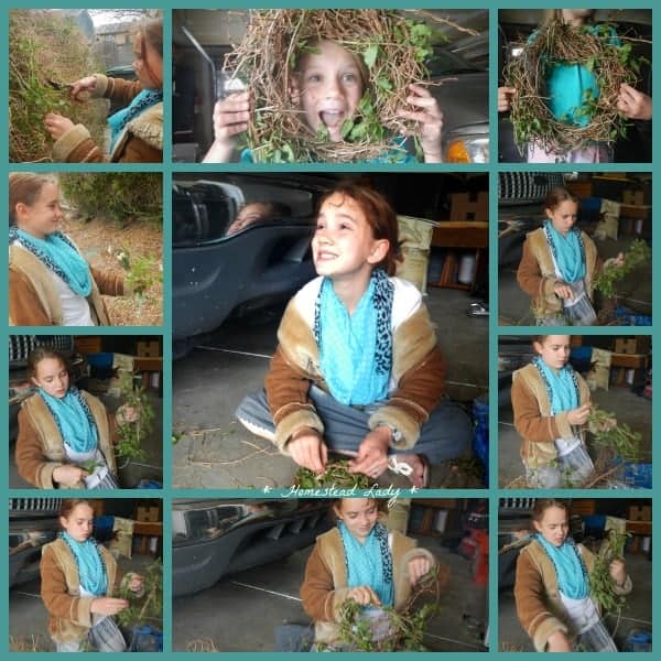 child making a vine wreath by hand
