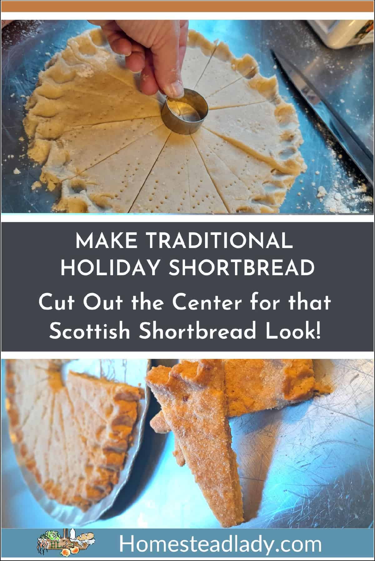 shortbread cookie dough on a table and shortbread cookies baked on a table