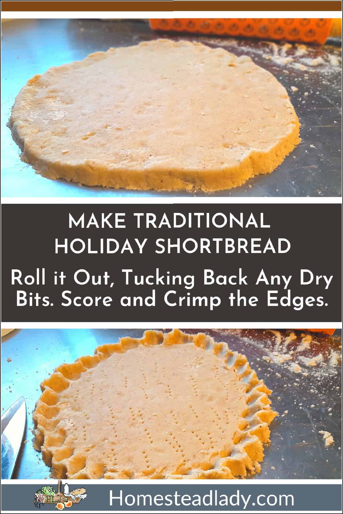 shortbread dough being rolled out and cut on a metal table