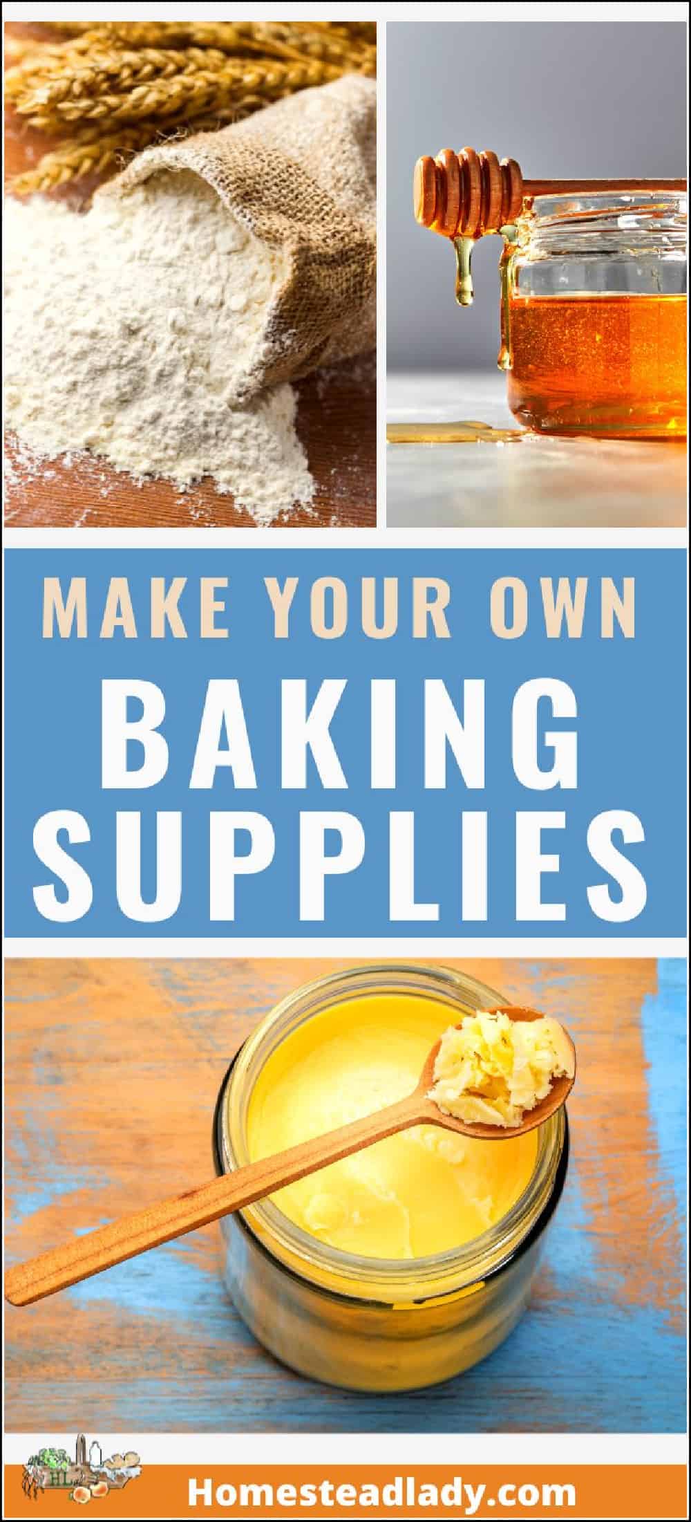 fresh ground flour from wheat, homemade butter on a table, honey in a jar