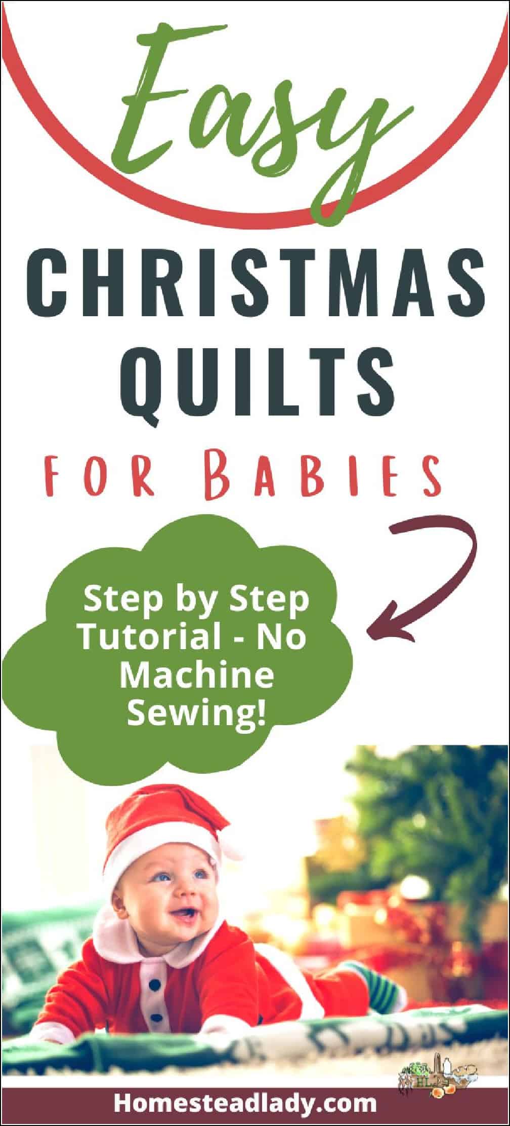 baby in a Christmas outfit on a Christmas quilt