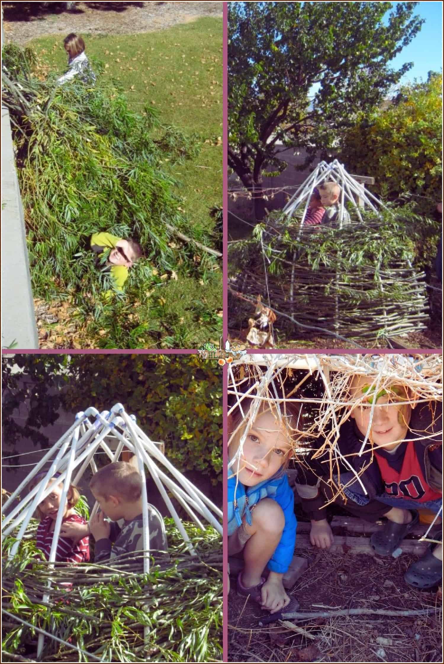 Piles of willow branches, willow playhouse under construction
