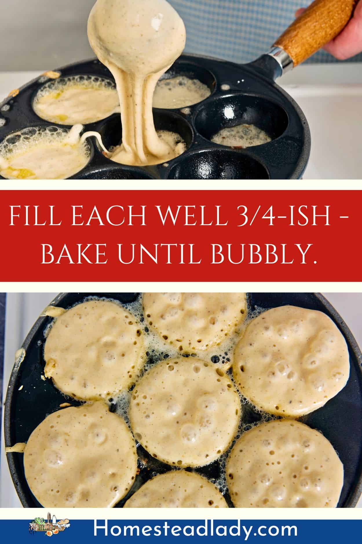 ebelskiver pan with sourdough ebelskiver pancake batter inside cooking on a stove