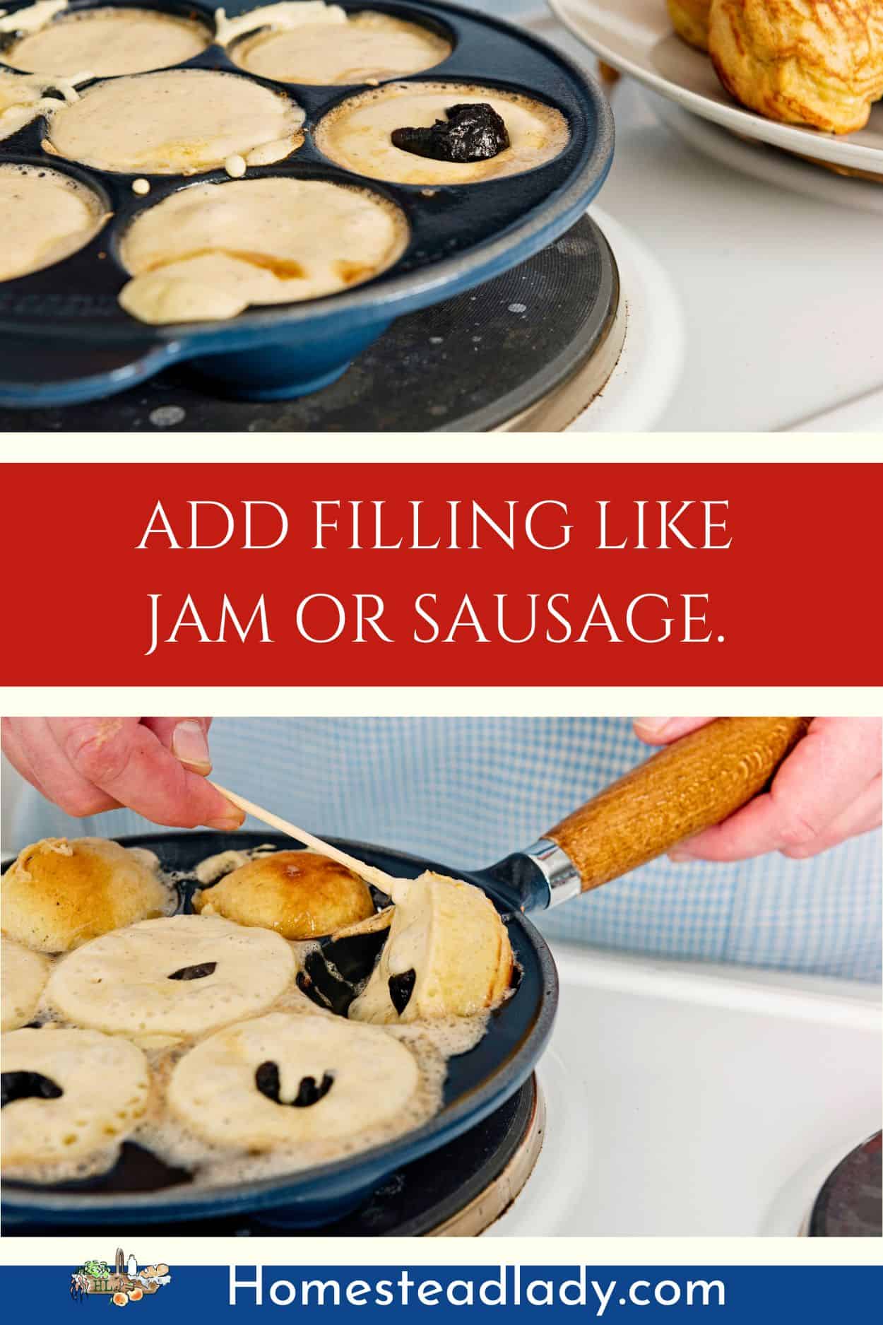 sourdough ebelskiver with jam being turned in an ebelskiver pan