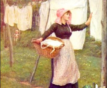 artwork woman hanging laundry