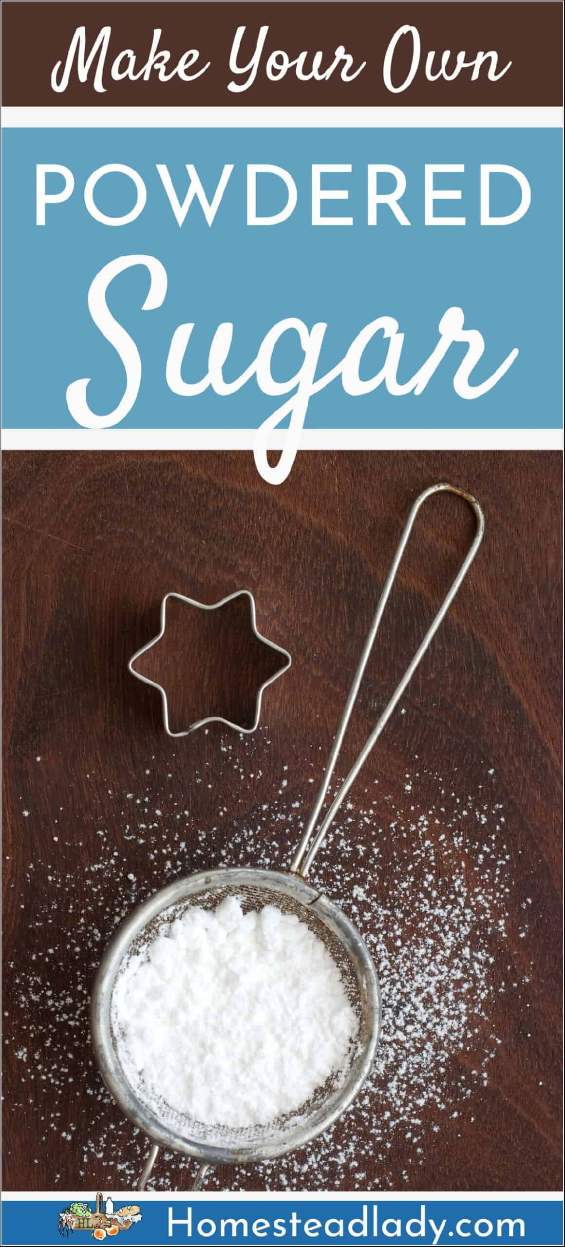 homemade powdered sugar in a sifter on a table with a star cookie cutter