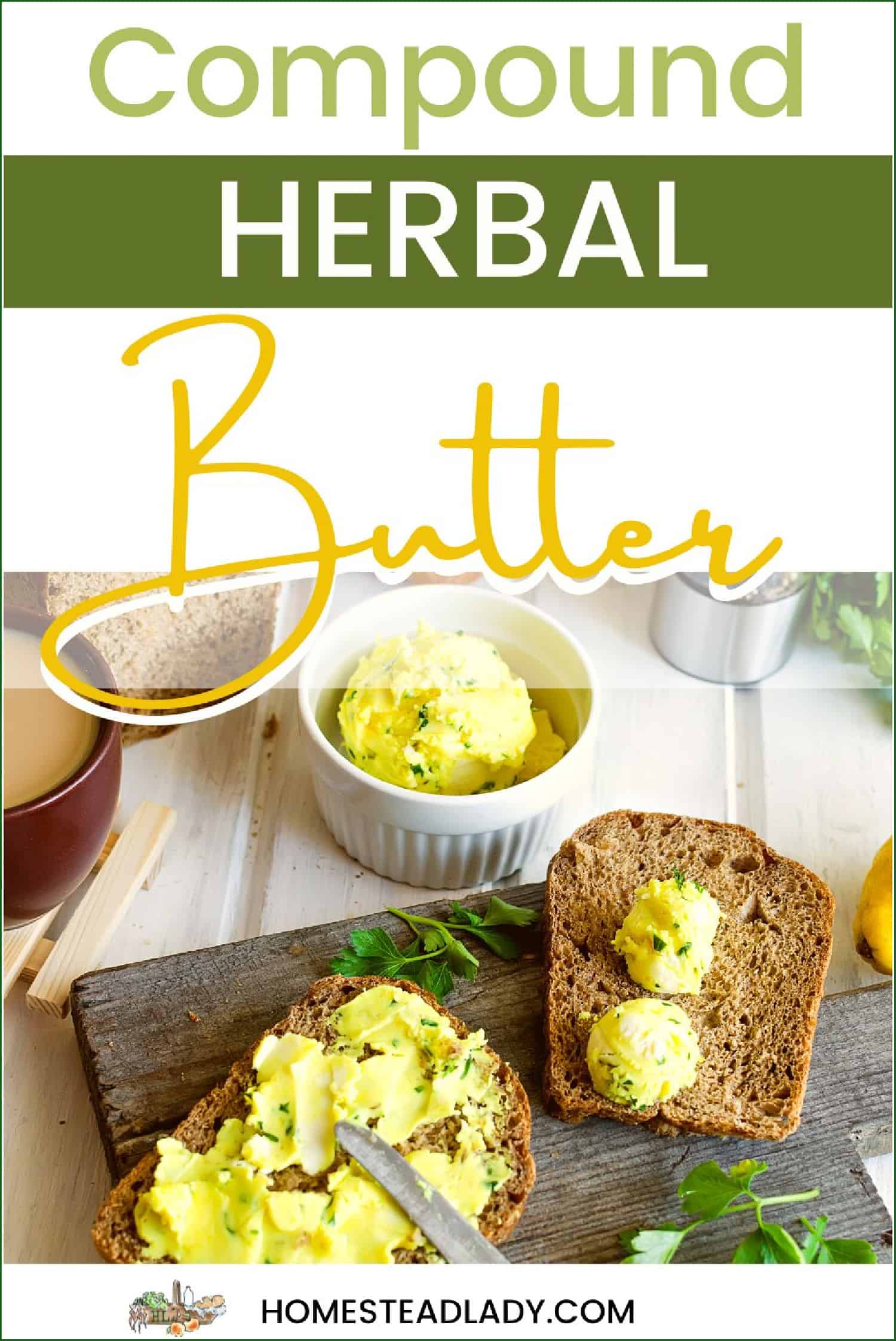 herbal butter in a dish and on a piece of bread