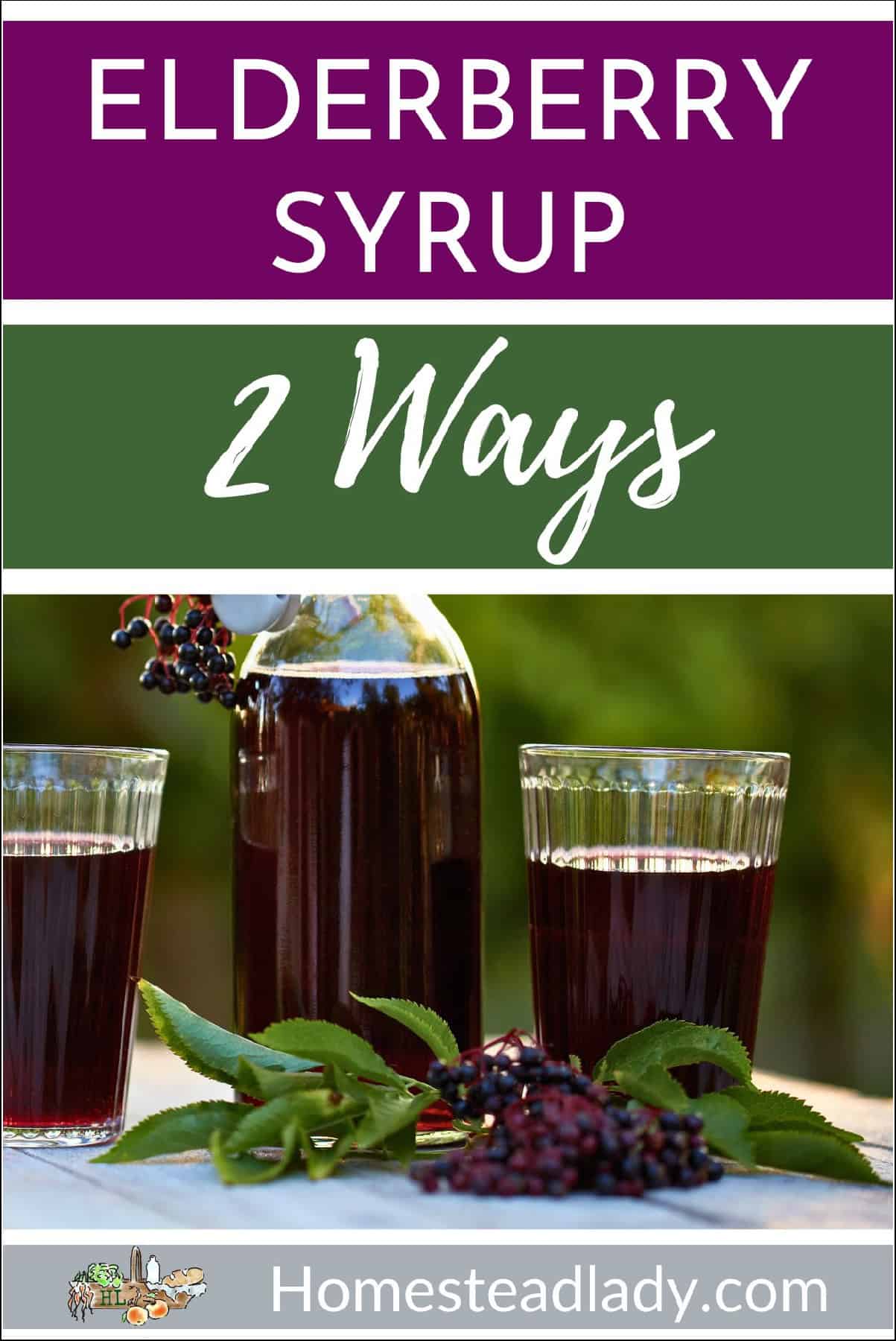 elderberry syrup in a glass cup and a bottle