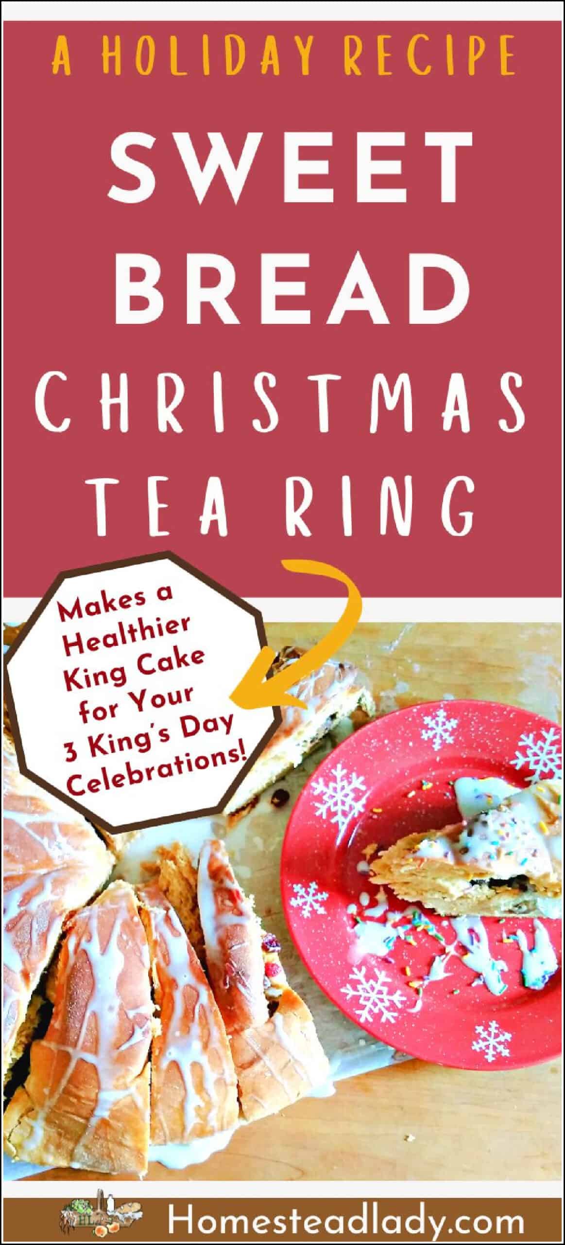 holiday sweet bread tea ring sliced on a table and red plate