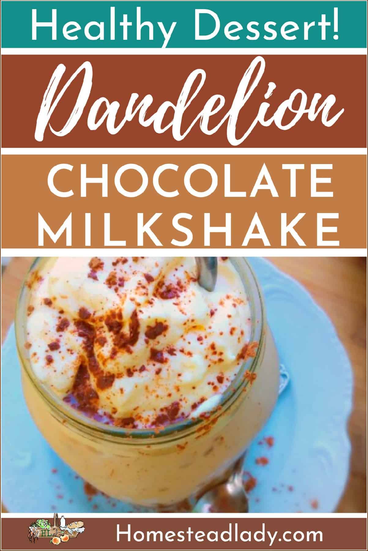 chocolate dandelion milkshake in a jar with a stainless steel straw on a table