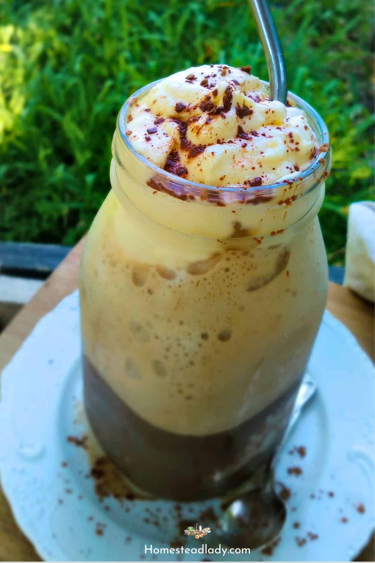 chocolate dandlion milkshake on a white plate
