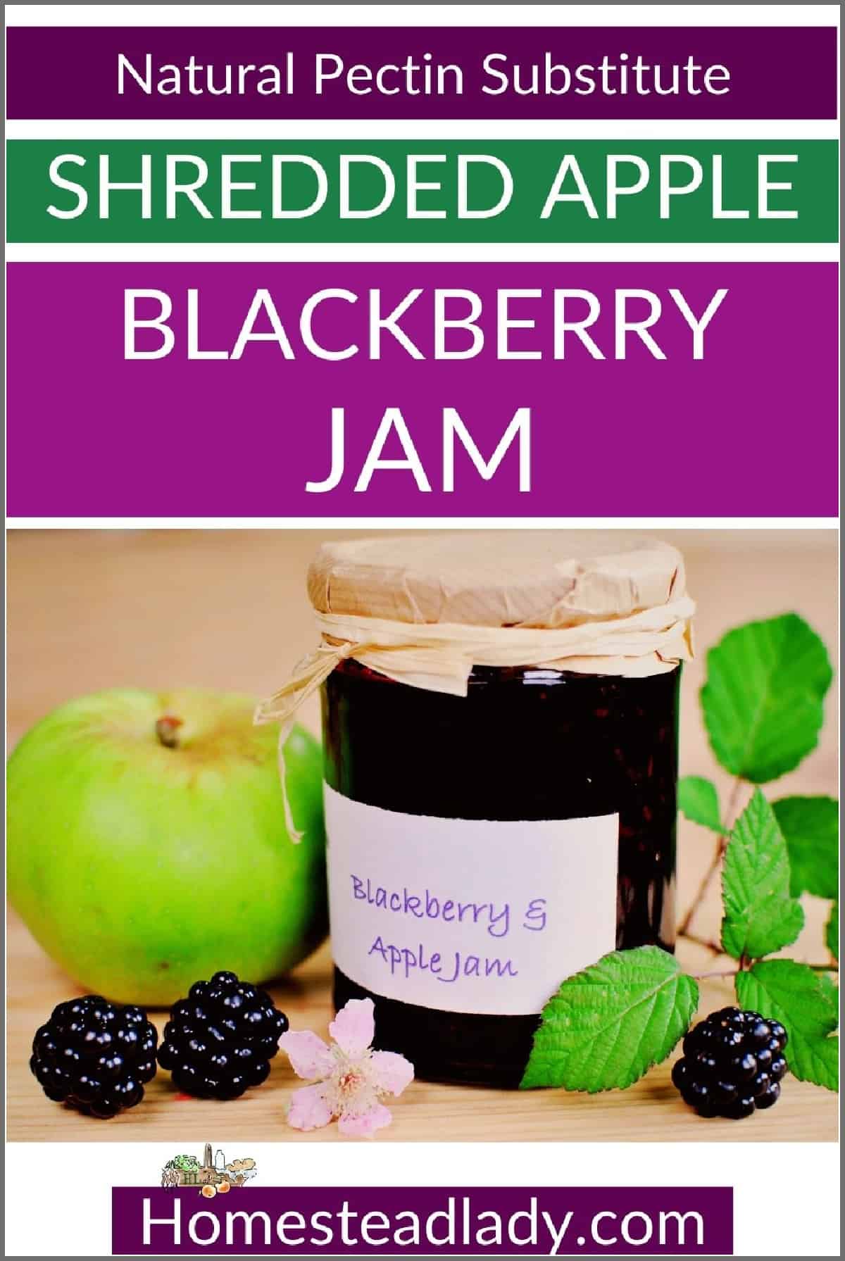 jar of blackberry apple jam with apples and blackberries on a table