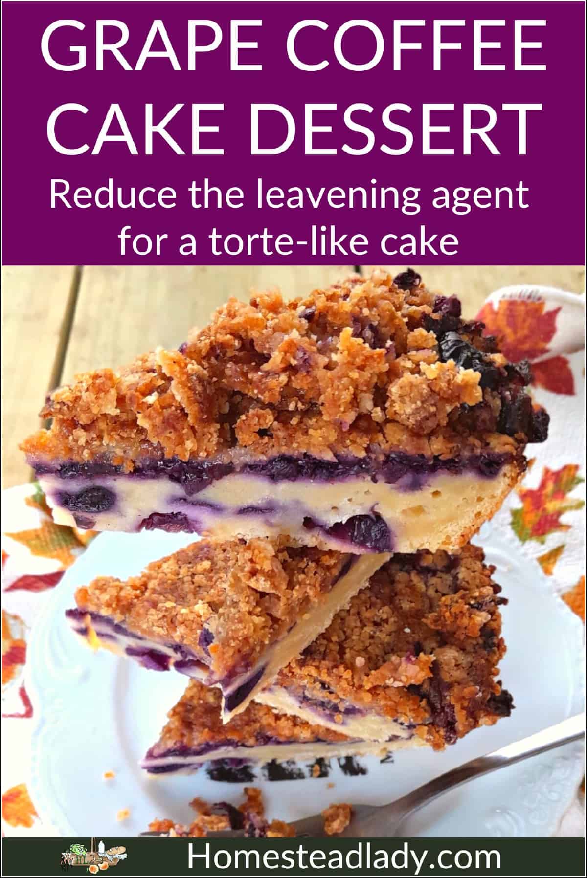 Grape coffee cake pieces layered on a plate