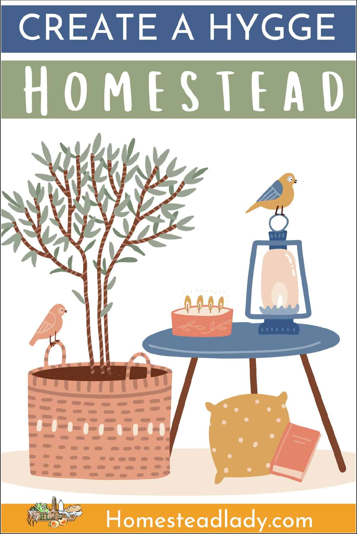 decorative graphic, hygge scene with a tree, lantern, bird, and table