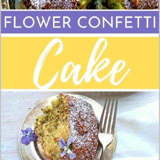 natural spring flower confetti cake on a plate with a fork