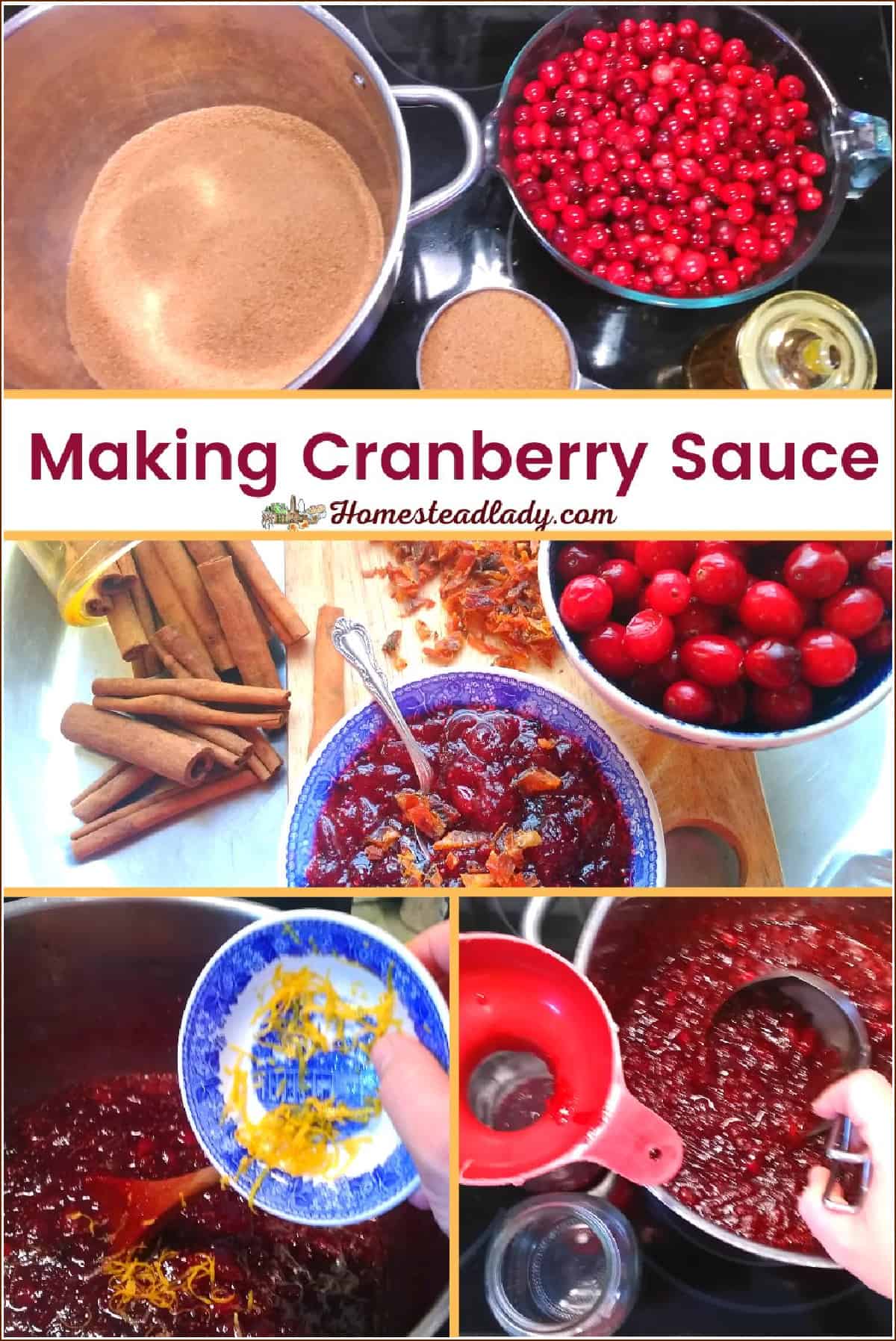 collage of cranberry sauce images with citrus, cinnamon, and persimmon