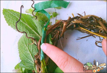 florist tape and greenery on grape vine wreath