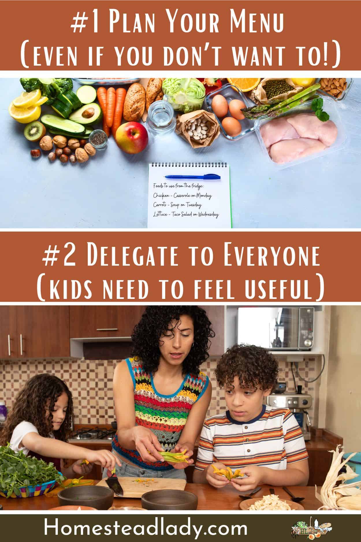 a family cooking together; meal planning calendar on a table