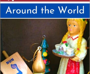 St Lucia and Slavic ornaments, with a dreidel on a table