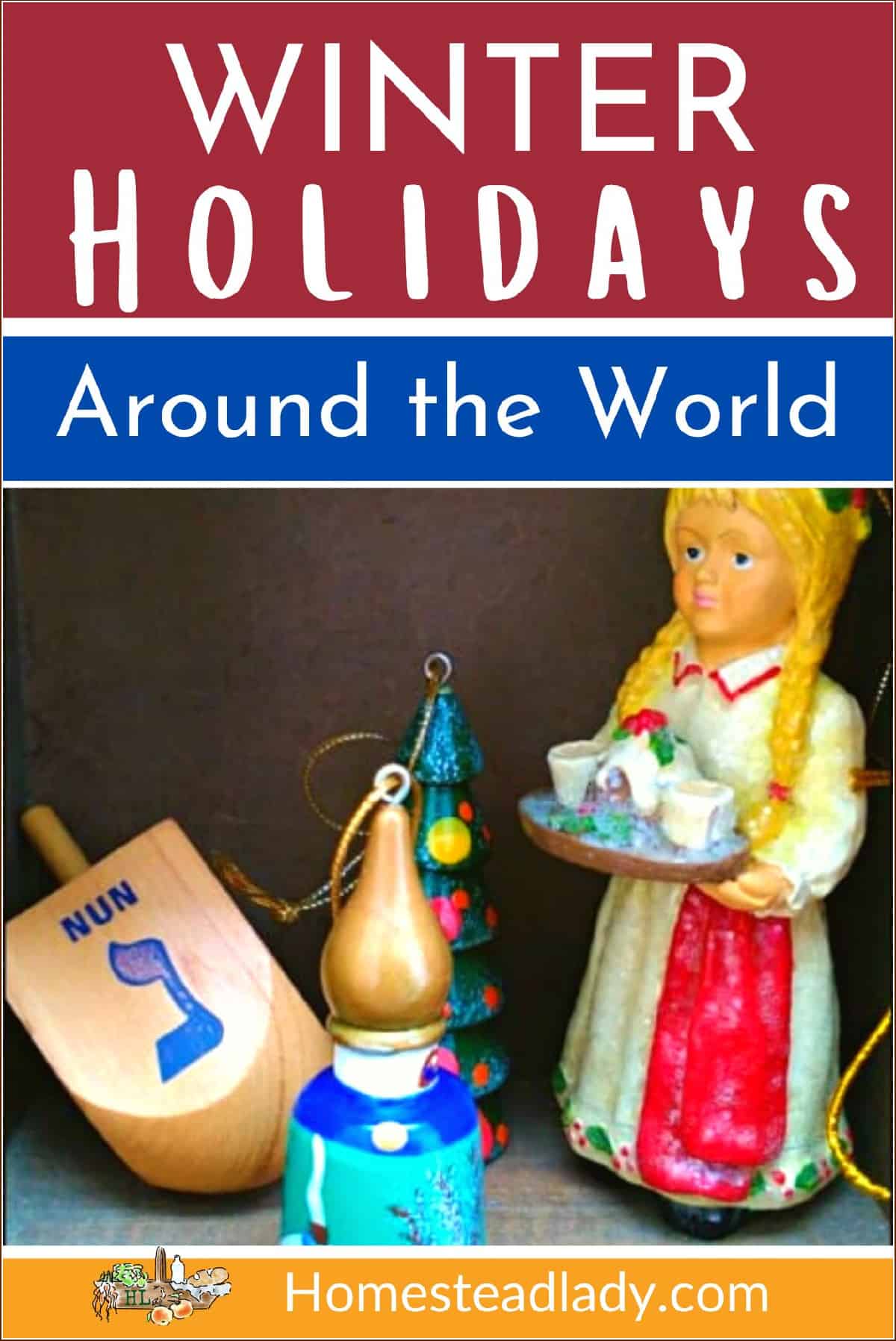 St Lucia and Slavic ornaments, with a dreidel on a table