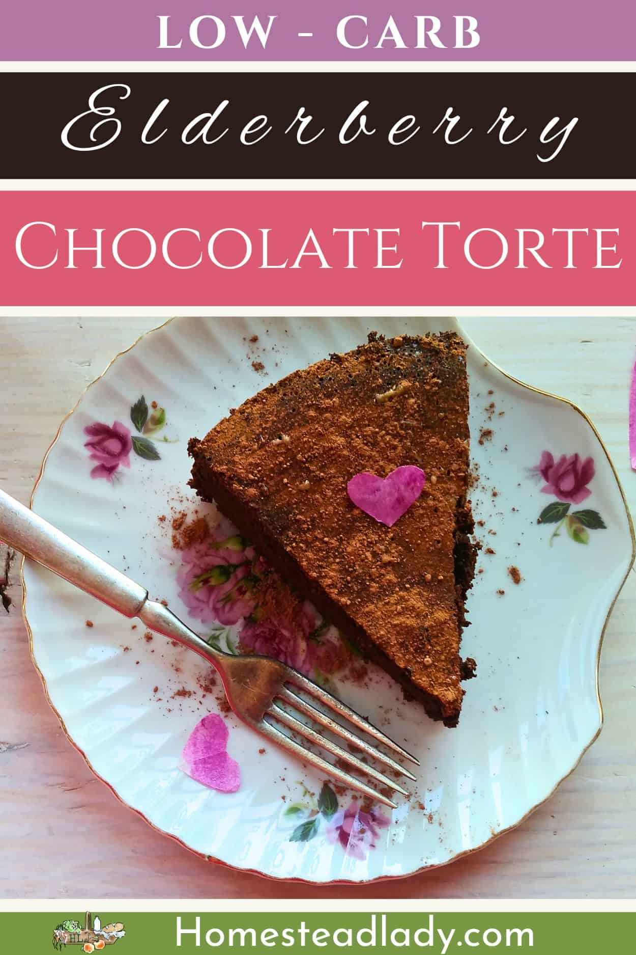 elderberry chocolate torte piece on a plate with roses