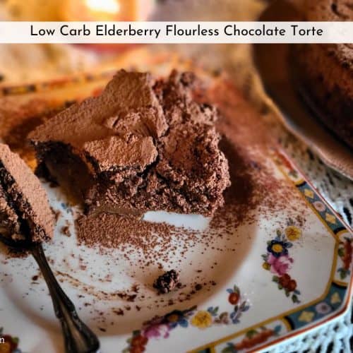 piece of low carb elderberry chocolate torte sitting on a plate