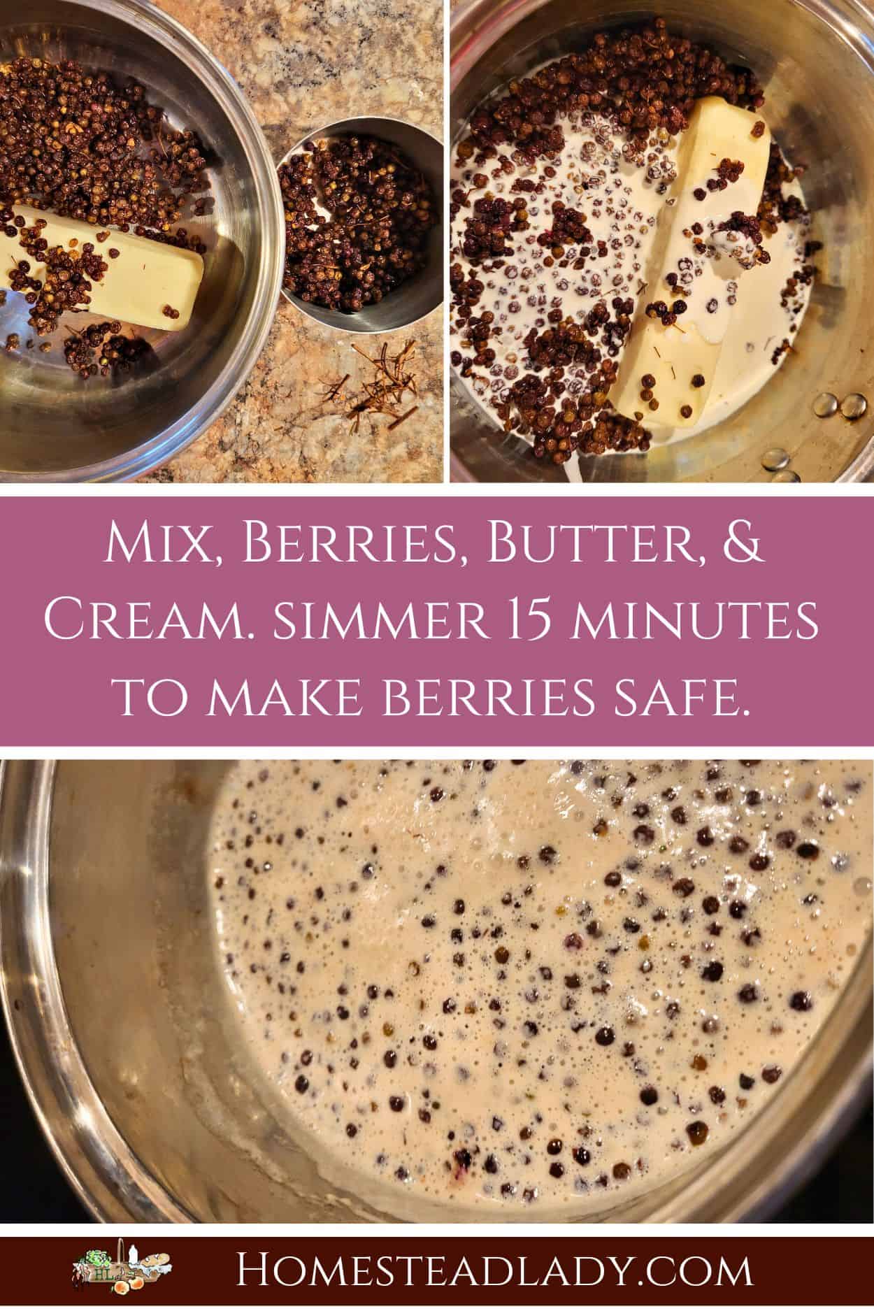 elderberries being prepared in a pan for the elderberry chocolate torte
