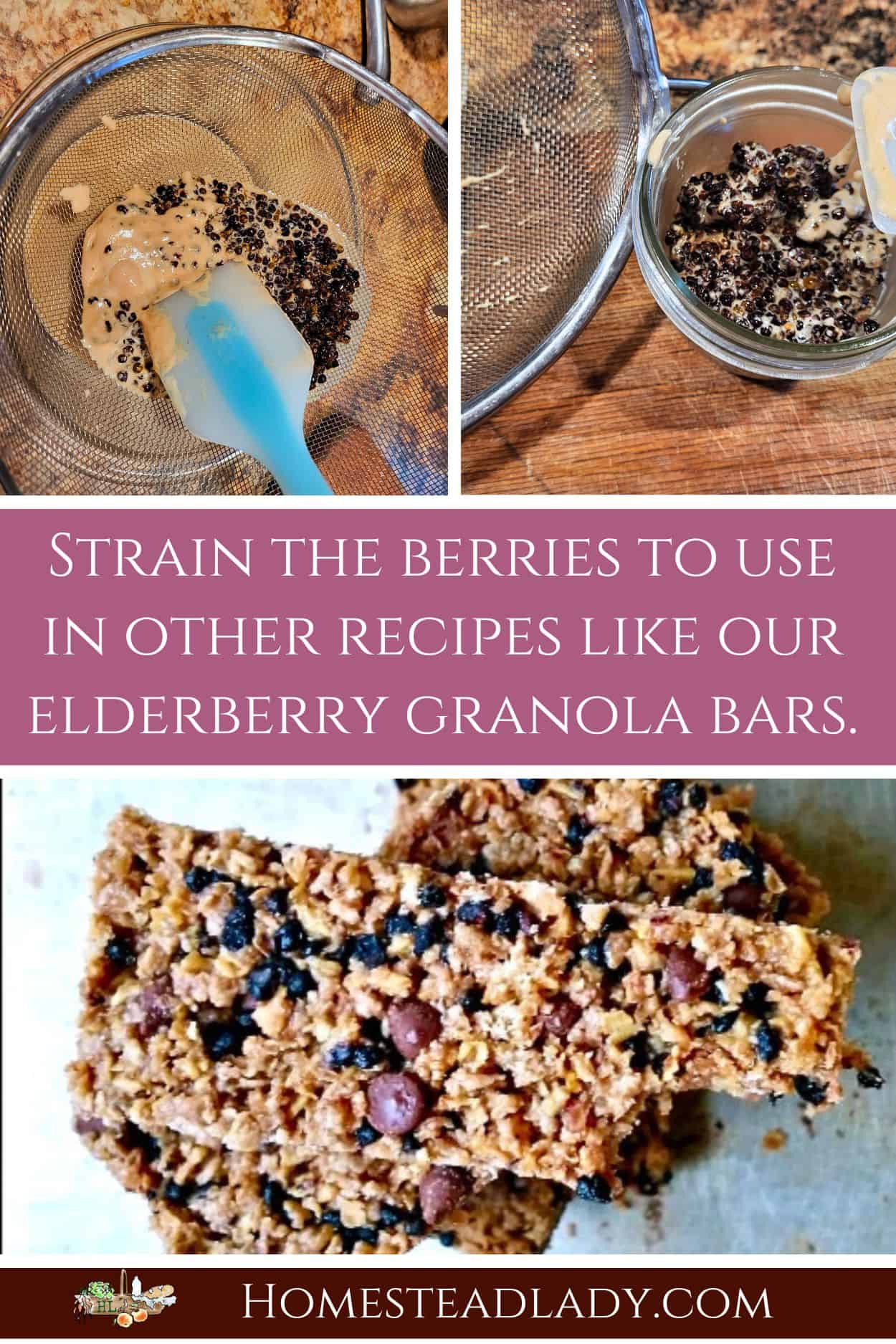 straining elderberries from cream into a bowl