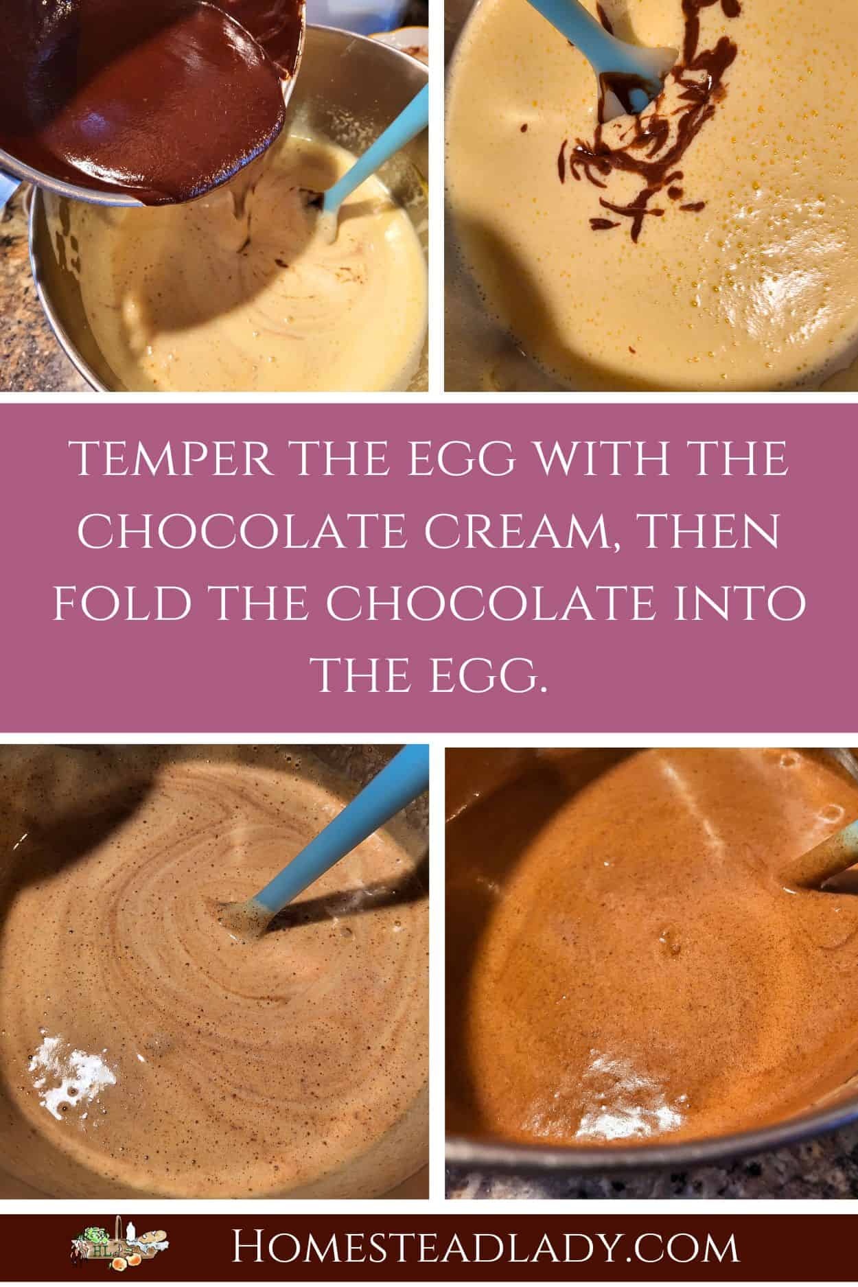 the egg and chocolate mixture being tempered in a bowl