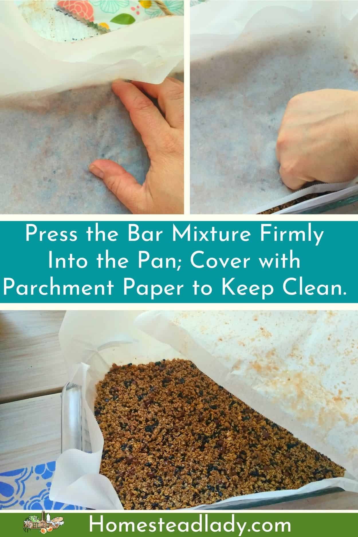 elderberry no bake granola bars being pressed into a pan