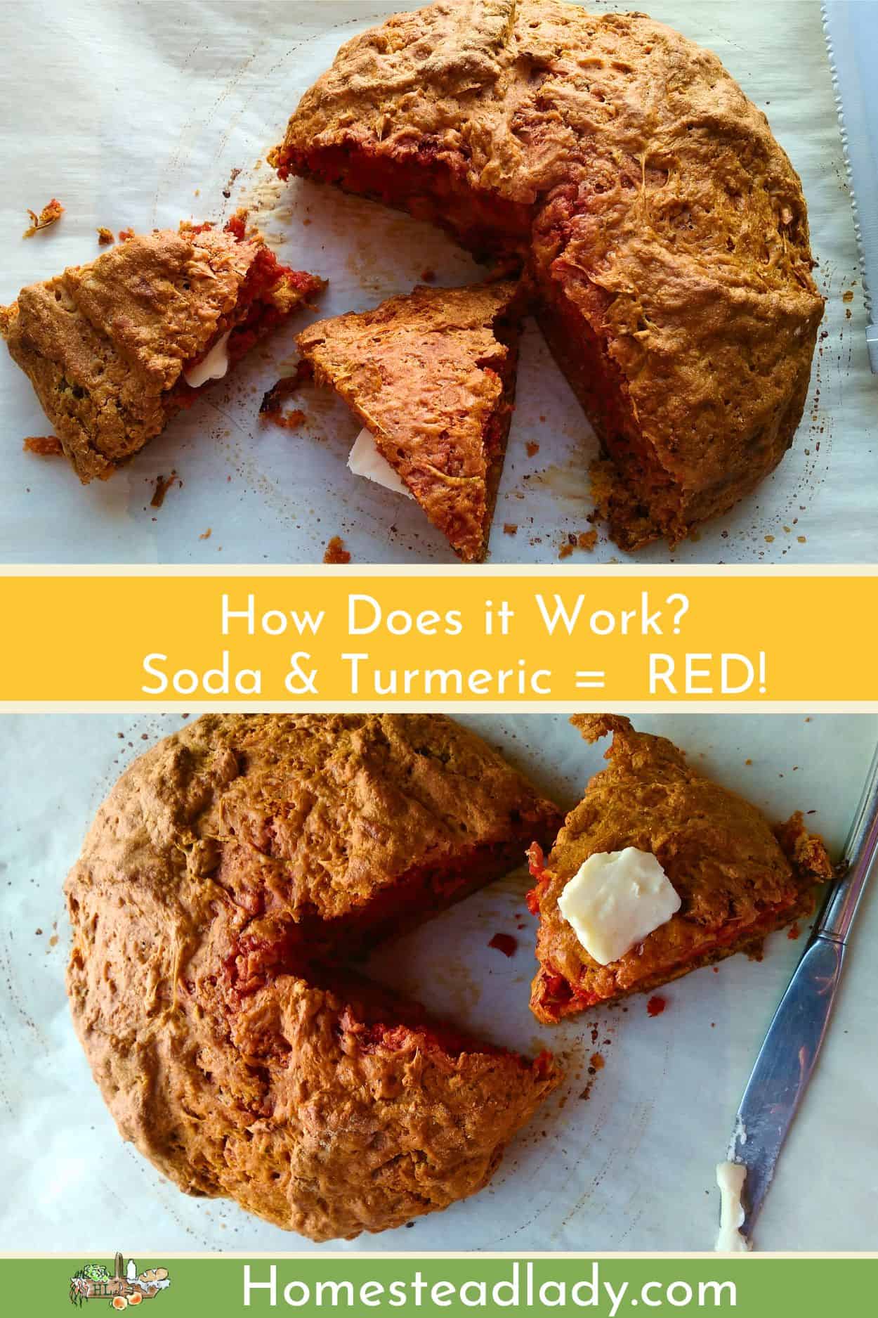 naturally dyed soda bread cut with butter