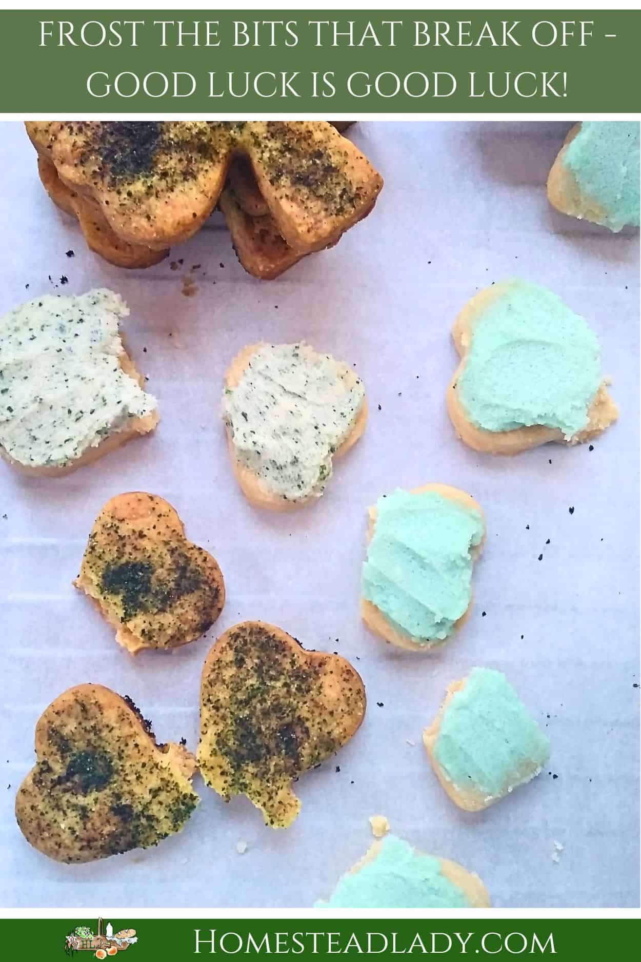 shamrock shaped naturally dyed cookies on a table