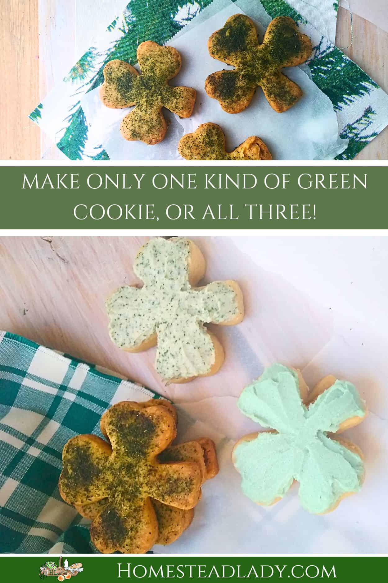 shamrock shaped naturally dyed cookies on a table