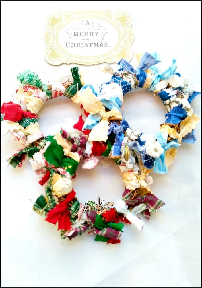 fabric scrap wreaths plus Christmas tag