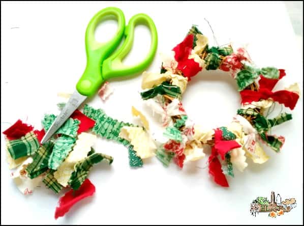 fabric scrap wreath and scissors