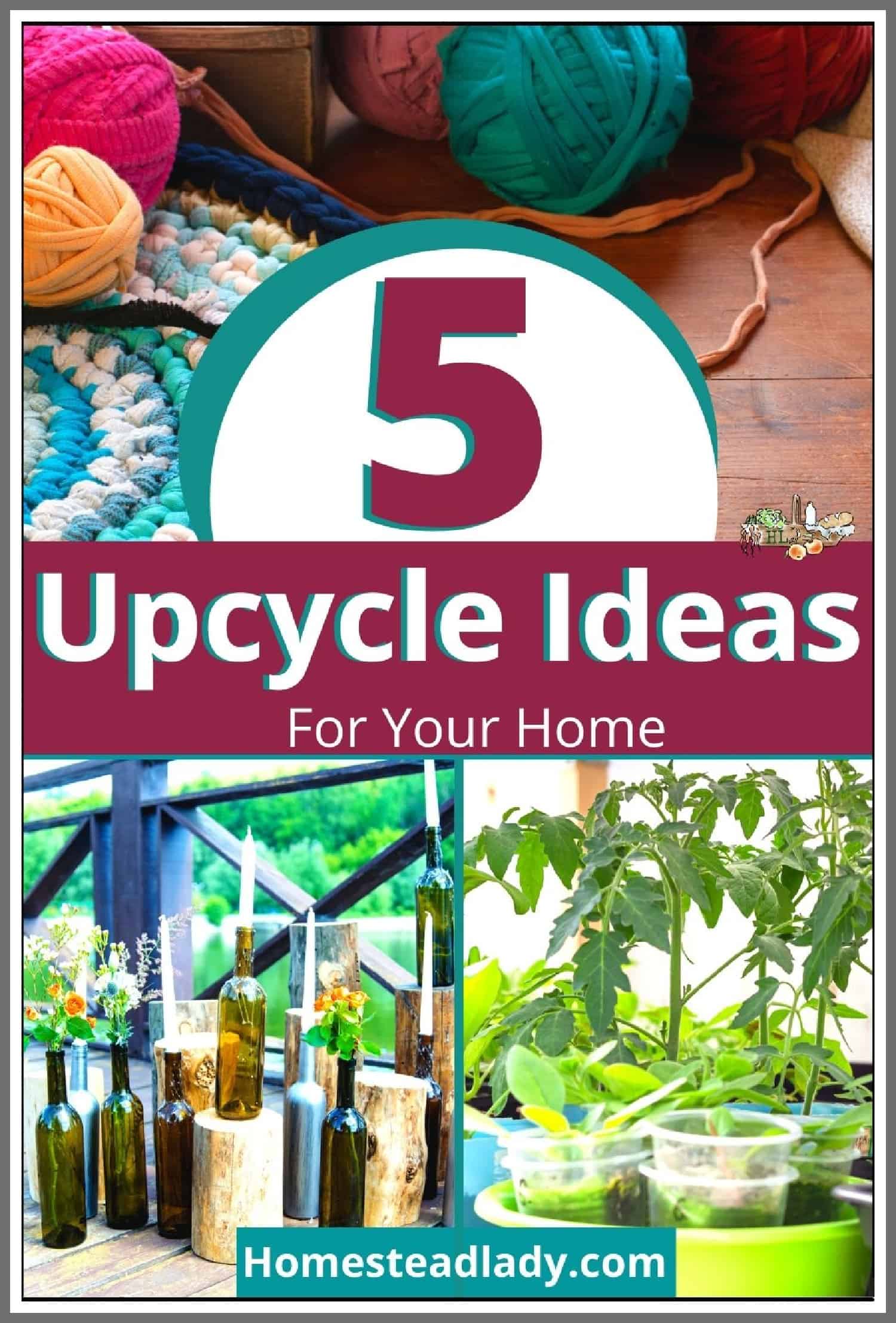 candles in bottles, rag rug, and tomato plants in cups