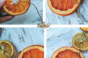 dried citrus being tied into a garlands