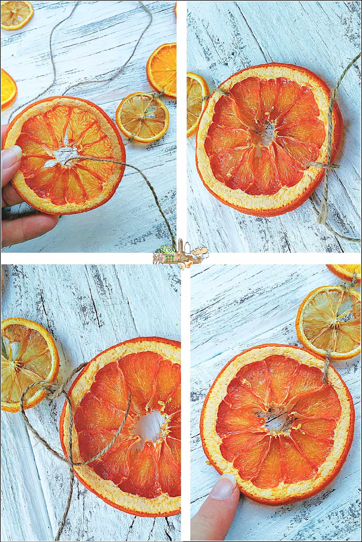 dried citrus being tied into a garlands