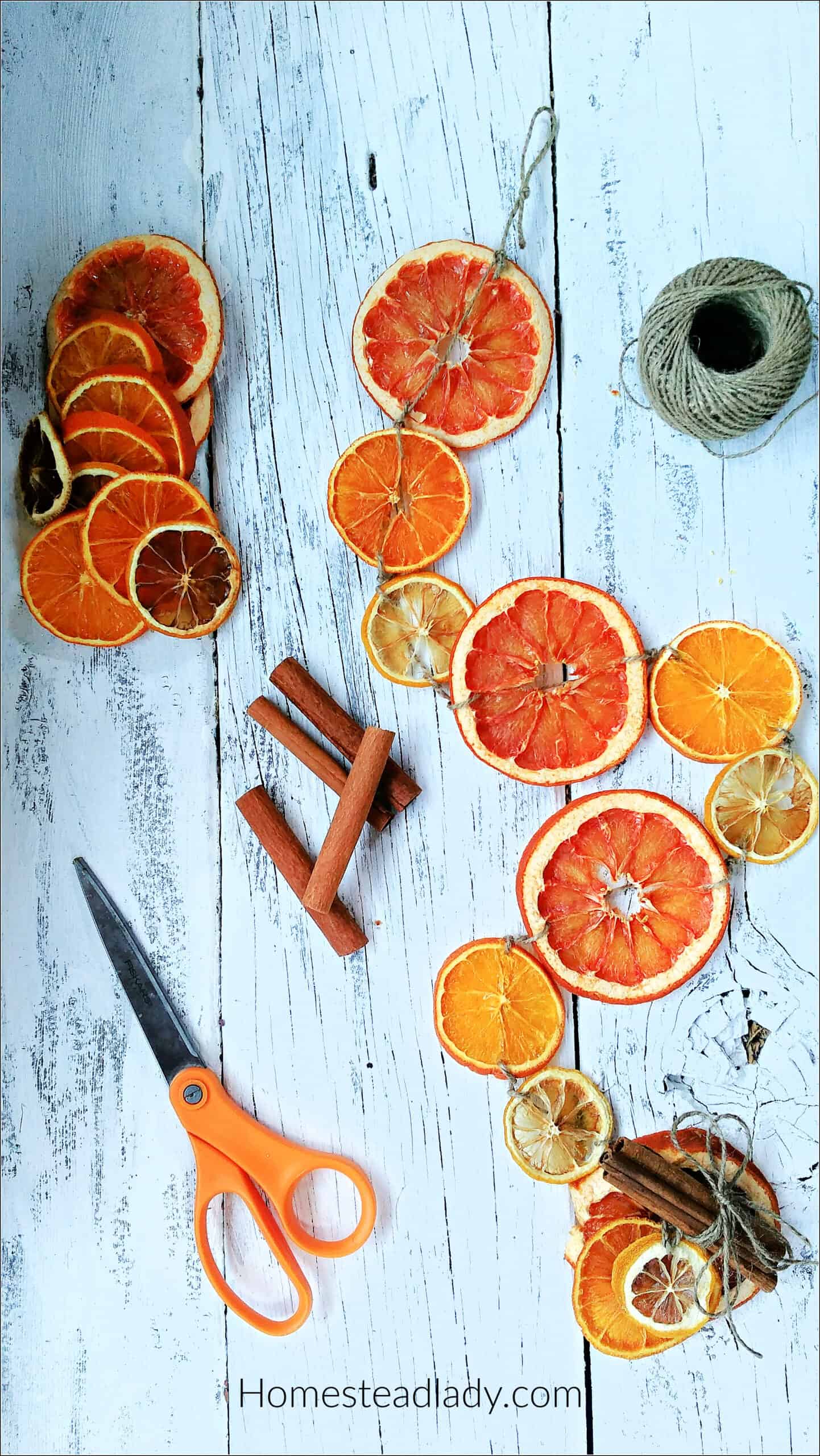 dried citrus slices and cinnamon sticks on a white table