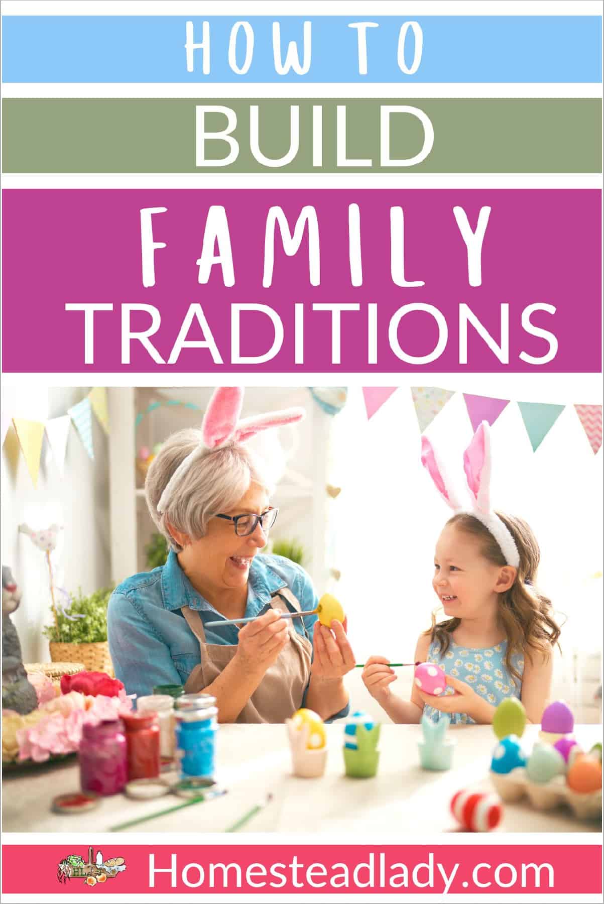 Grandmother and granddaughter performing the tradition of painting Easter eggs