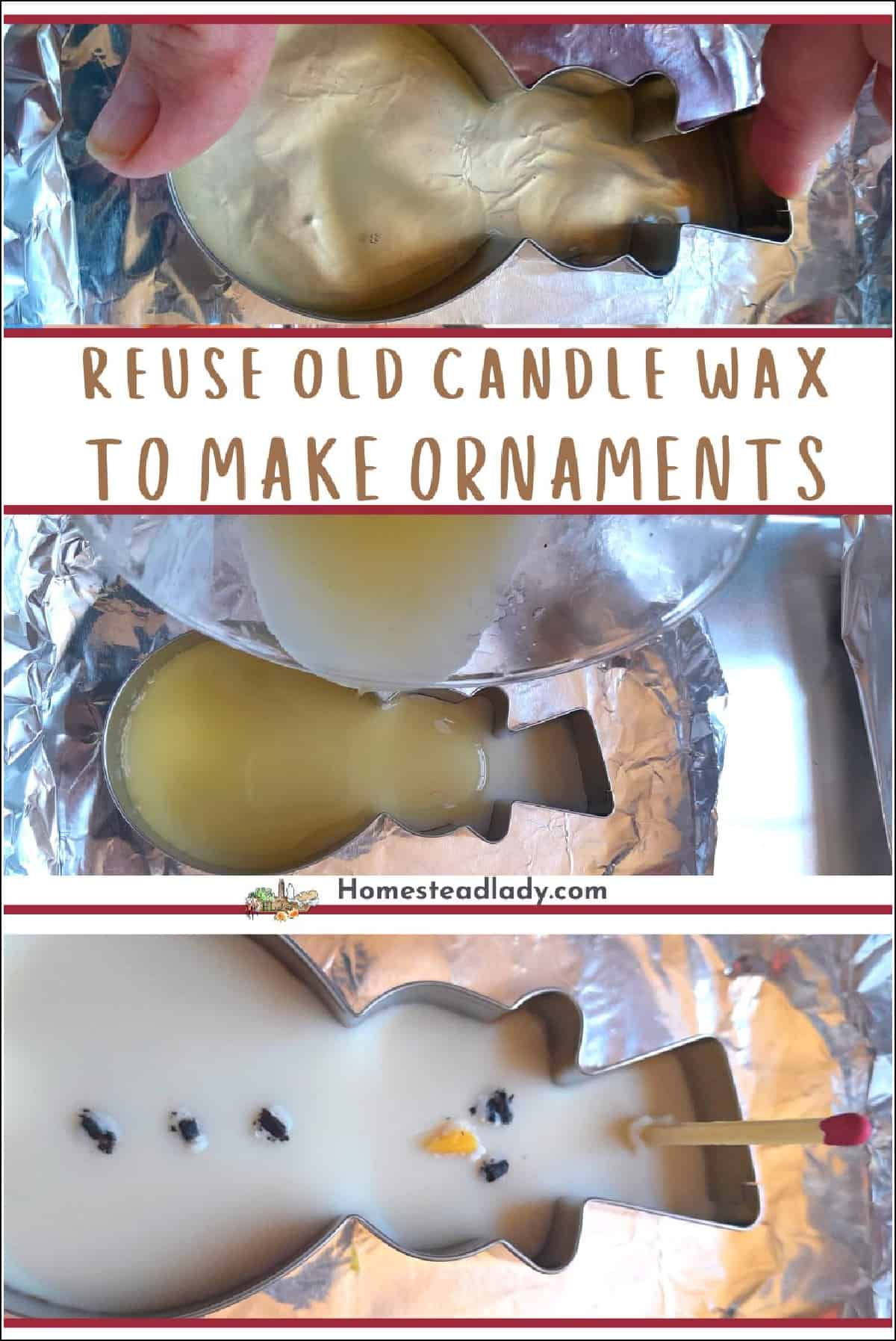 old wax being poured into a snowman cookie mold, finished snowman wax ornament
