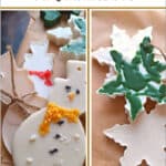 old candle wax made into snowman and snowflake ornaments, on a table
